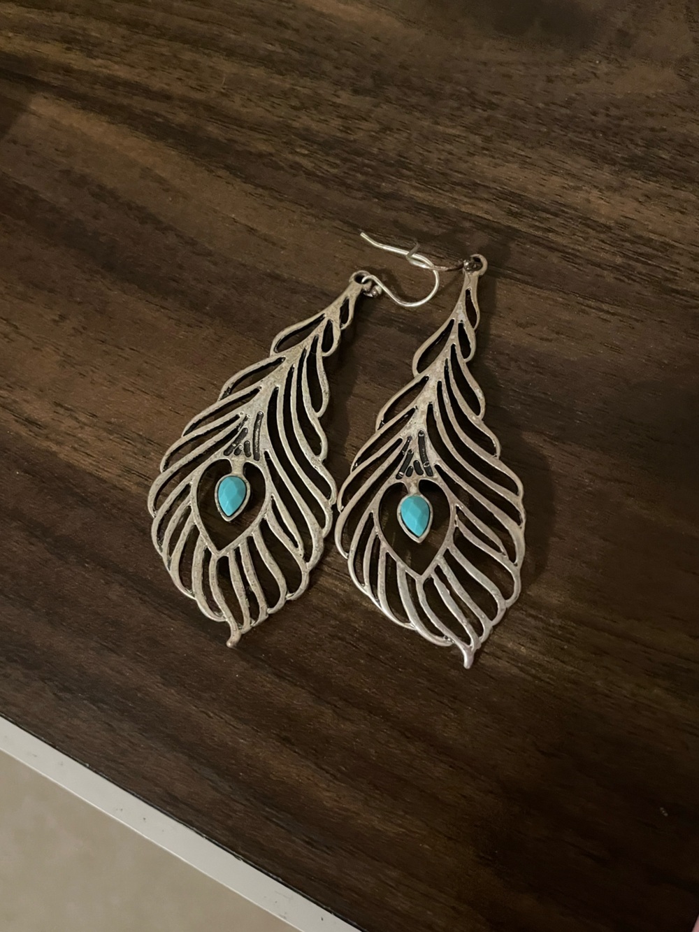 Silver Feather Drop Earrings with Turquoise Teardrop Accent